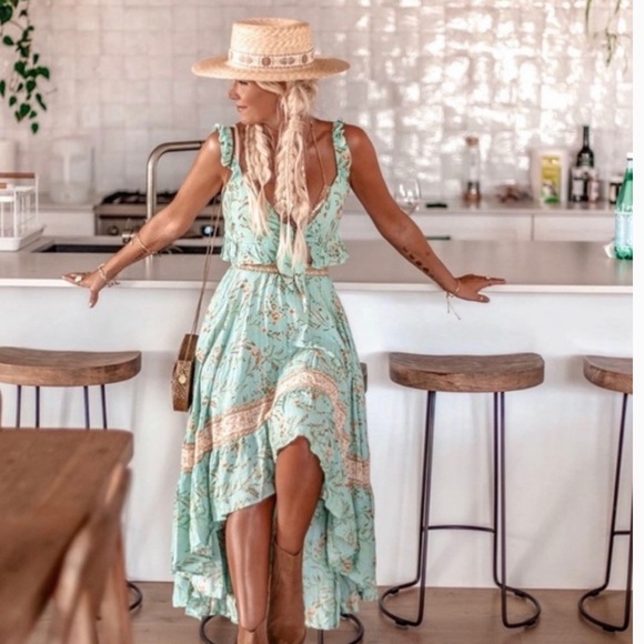 Boho Vintage Floral Print Mint Gypsy Crop Top Tank - Picture 9 of 11